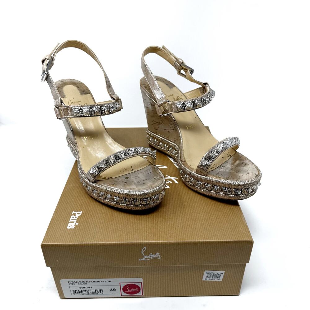 Christian Louboutin Pyradiams 110 Silver Metallic Studded Wedge Sandals EU 39